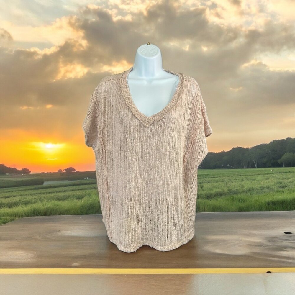 GeeGee Sweater Womens XL Beige Short Sleeve Loose Knit lighweight Minimalist